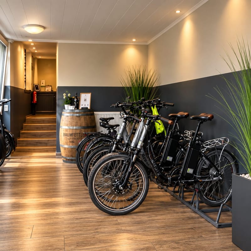 Illustratives Motiv: E-Bikes im Eingangsbereich, dahinter die Treppe zu den Zimmern