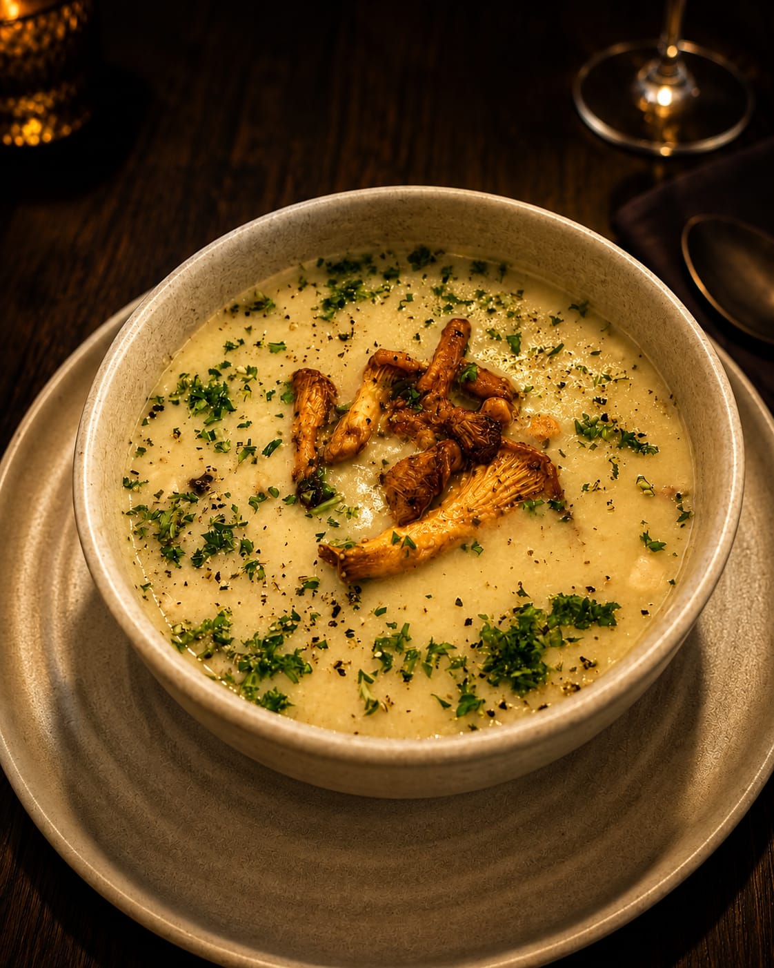Kartoffelcremesuppe mit gebratenen Pfifferlingen und frischen Kräutern aus der Küche des Weinhauses