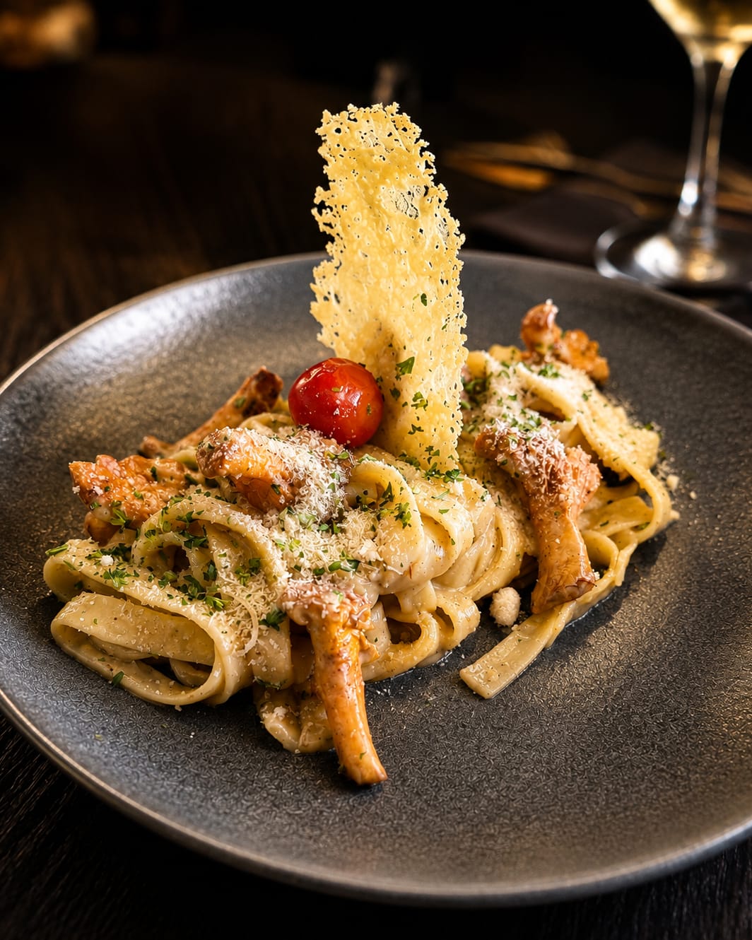 Bandnudeln mit gebratenen Pfifferlingen, Parmesan und Kirschtomate, angerichtet in der Küche des Weinhauses