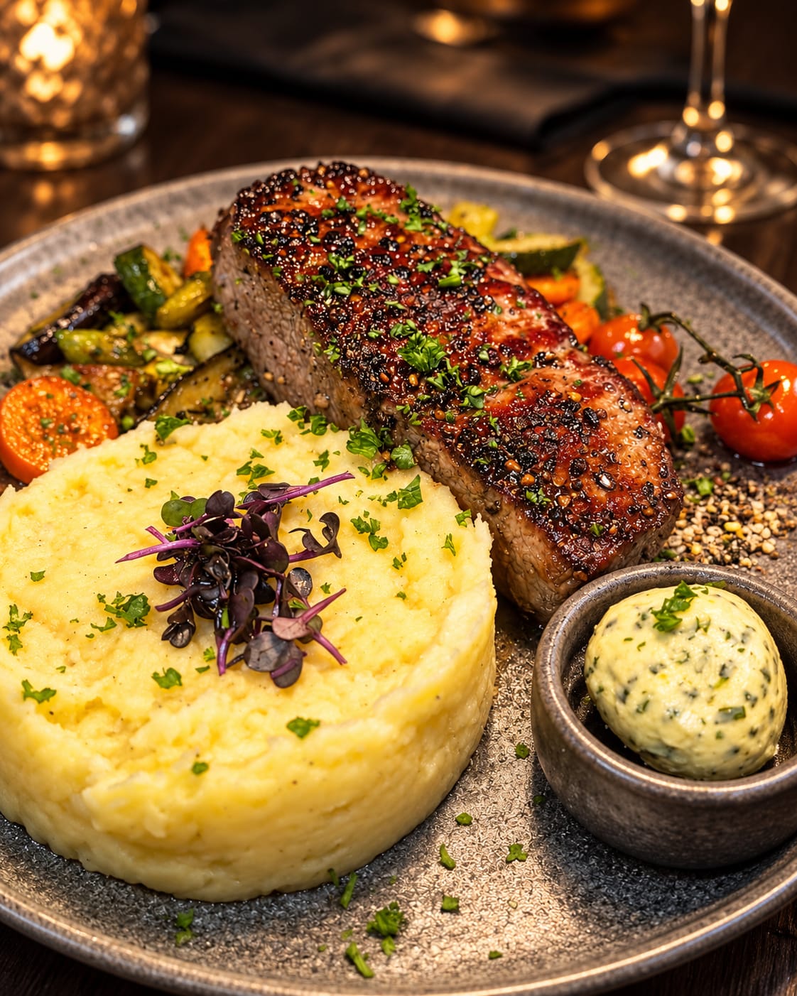 Steak mit Pfefferkruste, Kartoffelpüree, Ofengemüse und Kräuterbutter aus der Küche des Weinhauses